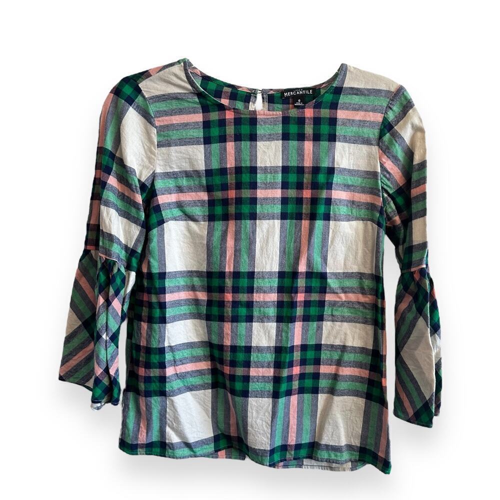 J. Crew Mercantile Flannel Bell-Sleeve Top Blouse Green Pink Navy Size 0